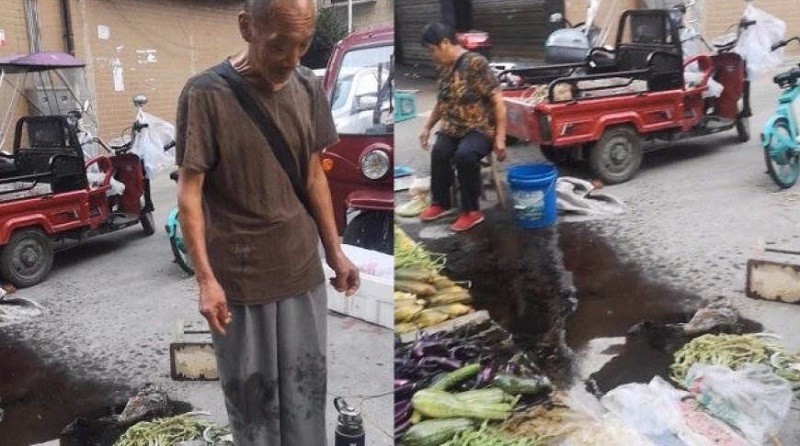 老人路边卖菜被楼上住户泼机油