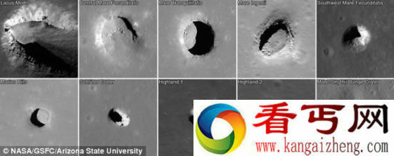 美国宇航局的月球勘测轨道器飞船拍摄的这些图片，显示了所有目前已知的月海孔穴和高原洞穴。每张图片宽222米，也就是说这些孔穴的大小也许足以容纳人类庇护所。